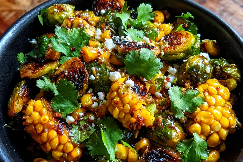 Fresh ingredients for Delicious Corn Brussels Sprouts