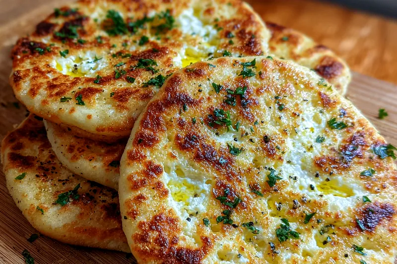 Chef cooking Homemade Cottage Cheese Flatbreads in a skillet with a golden brown finish.