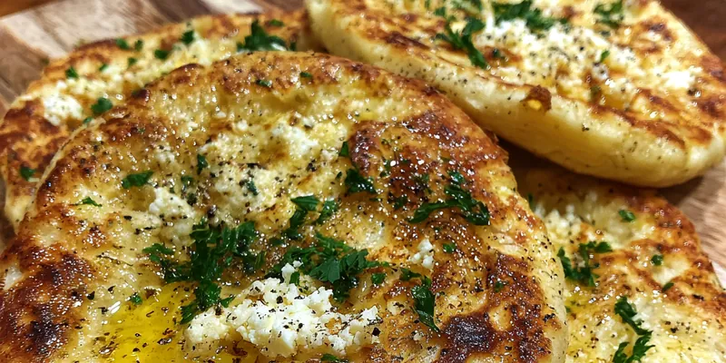 Golden brown Homemade Cottage Cheese Flatbreads served with a side of fresh herbs and dips.