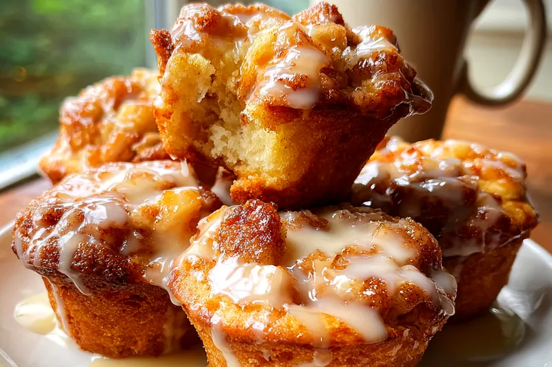 Apple fritter batter being scooped into muffin tins with cinnamon apple chunks visible on top