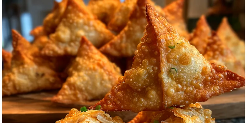 A beautifully plated serving of Crispy Crab Rangoon Delights with a side of dipping sauce, garnished with green onions.