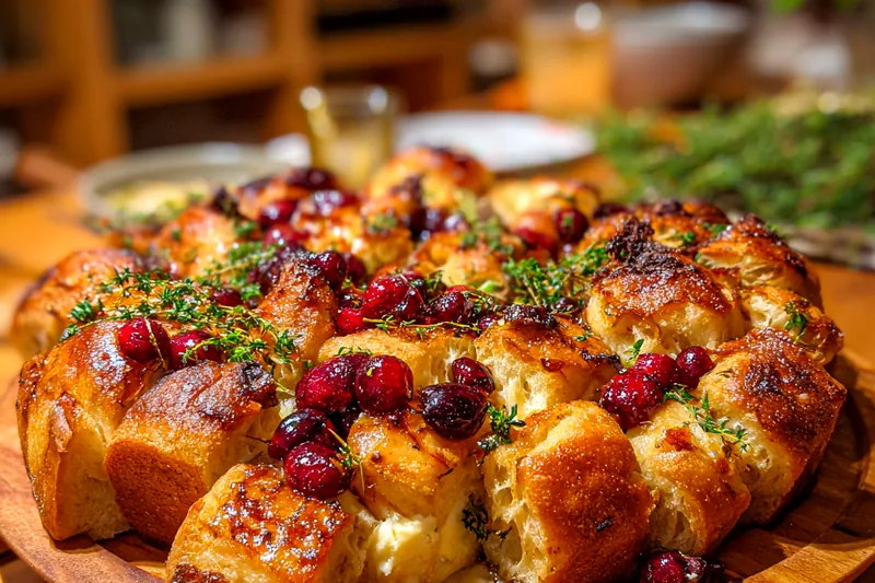 An image capturing the baking process of Cranberry Brie Pull-Apart Delight, showcasing the bread rising and cheese melting.
