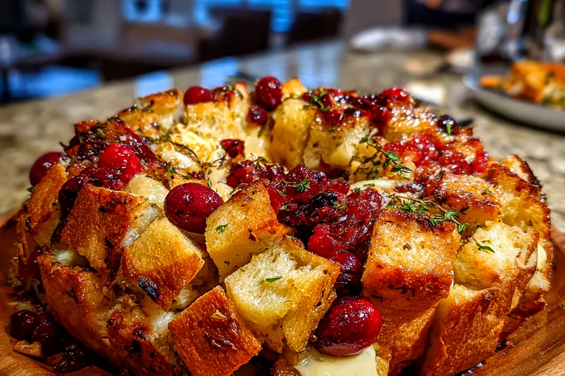 A beautifully arranged selection of ingredients for Cranberry Brie Pull-Apart Delight, including bread, cheese, and cranberries.