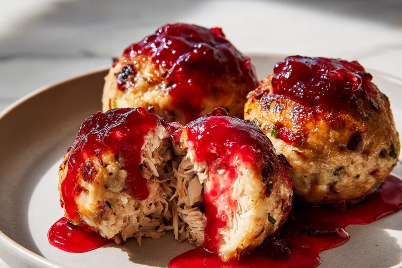 Turkey meatballs simmering in a red cranberry glaze in a skillet