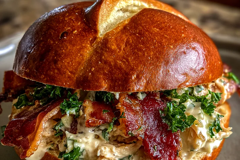 Ingredients including shredded chicken, cream cheese block, ranch packet, cheddar cheese, bacon strips, and pretzel buns