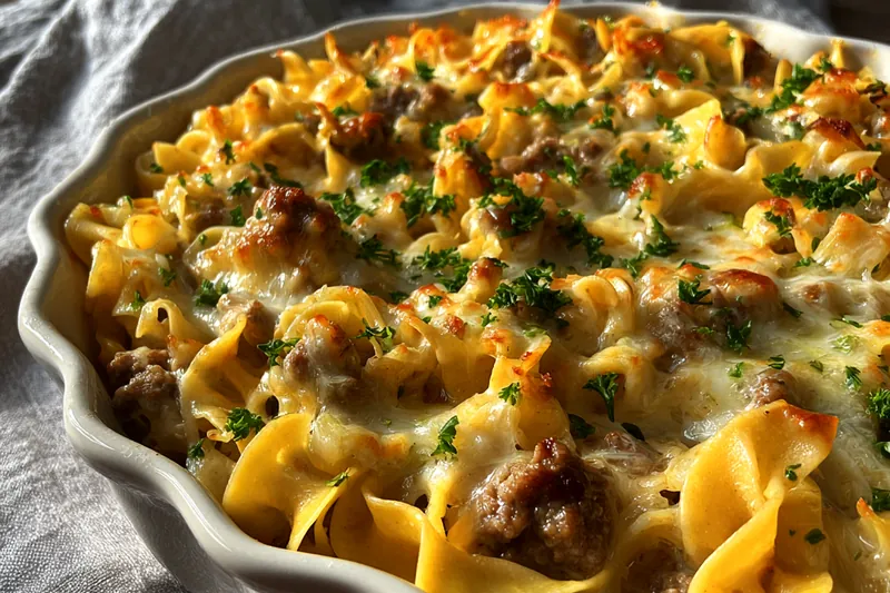 Fresh ingredients for Creamy Beef Noodle Bake