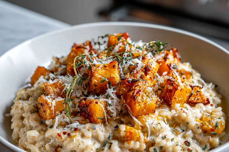Raw ingredients for butternut squash risotto including a squash, Arborio rice, broth, parmesan, butter, and thyme on a marble counter