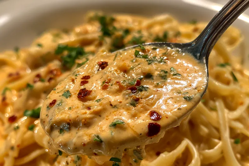Chef stirring Creamy Cajun Alfredo Sauce in a skillet, showcasing its creamy texture.