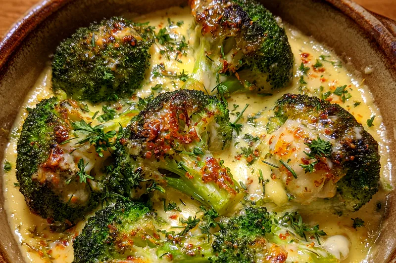 The cooking process of Creamy Cheesy Broccoli Delight, showing broccoli being added to the creamy sauce.