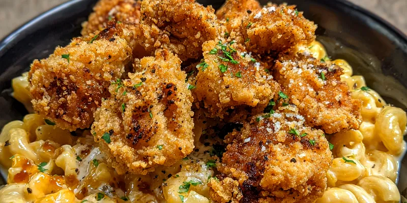 A bowl of Creamy Cheesy Chicken Delight served with a side of rice, garnished with parsley.