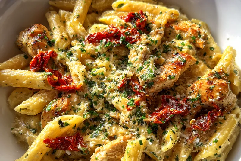 A chef stirring the creamy sauce in a skillet while the chicken and pasta are cooking for Creamy Chicken Pasta Delight.