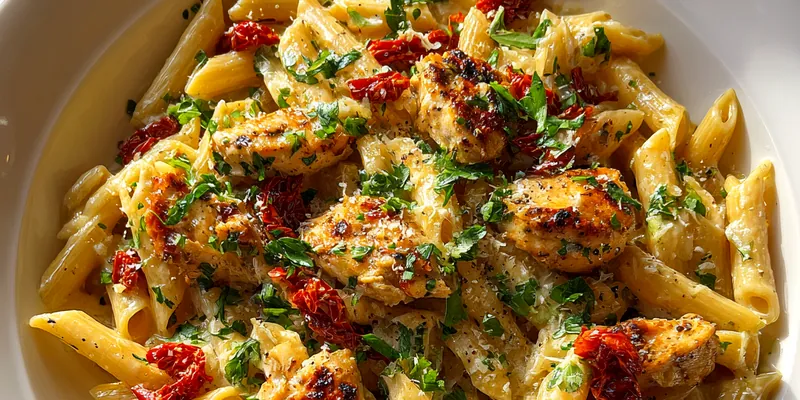 A beautifully plated creamy chicken pasta delight featuring fettuccine tossed in a creamy sauce with chicken and garnished with herbs.