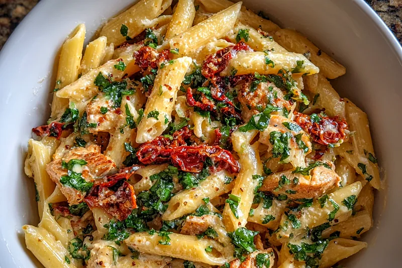 An array of fresh ingredients including chicken, pasta, cream, and herbs for Creamy Chicken Pasta Delight.