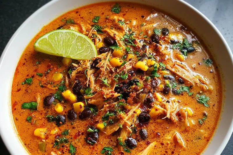Chef stirring the creamy chicken poblano soup in a pot, showcasing its rich texture and vibrant colors.