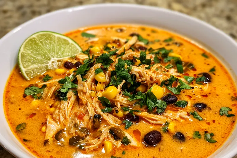 Colorful ingredients laid out for Creamy Chicken Poblano Soup including chicken, poblano peppers, and spices.