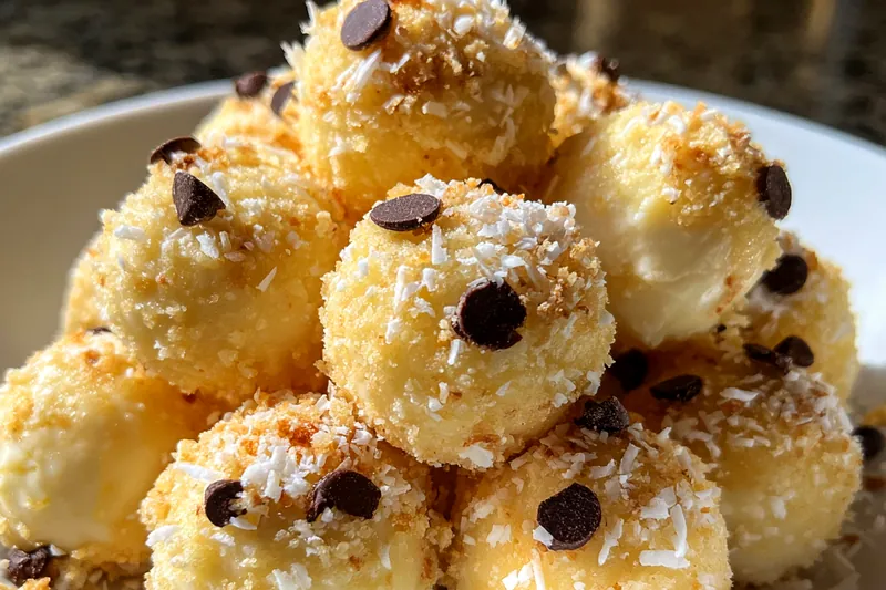 The cooking process of preparing creamy coconut dessert balls, showcasing the mixing of ingredients.