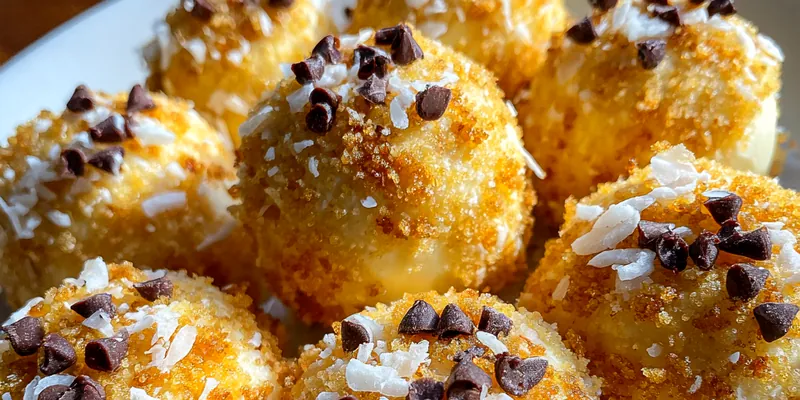 A beautifully arranged plate of Creamy Coconut Dessert Balls garnished with coconut flakes and nuts.