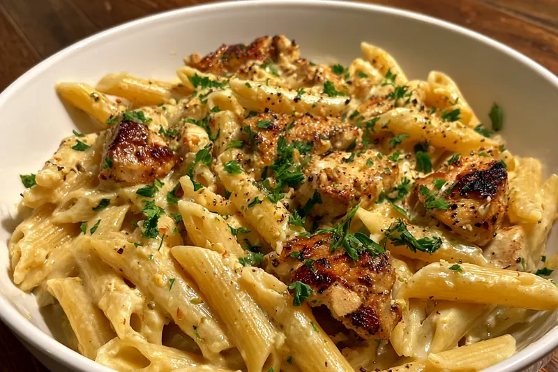 A colorful display of ingredients including penne pasta, ground beef, and spices for Creamy Cowboy Penne Pasta.