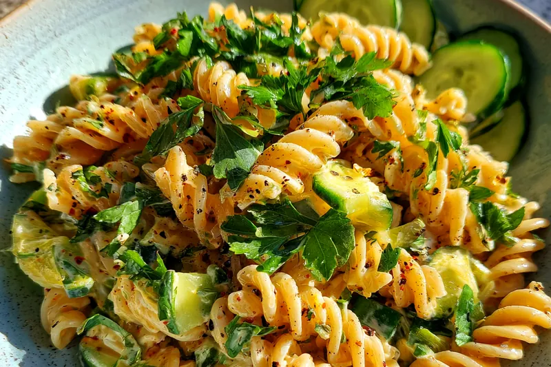 Cooking process for Creamy Cucumber Pasta Salad