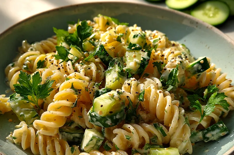 Fresh ingredients for Creamy Cucumber Pasta Salad