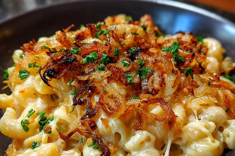 A process shot showing the cooking of caramelized onions for Creamy French Onion Macaroni.