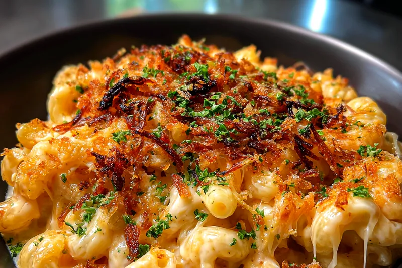 Ingredients laid out for Creamy French Onion Macaroni including onions, cheese, and macaroni.