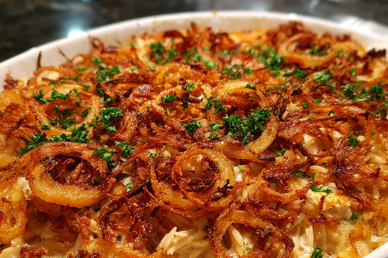 Chef preparing Creamy French Onion Orzo Bake on the stovetop, stirring the caramelized onions and orzo mixture in a skillet.