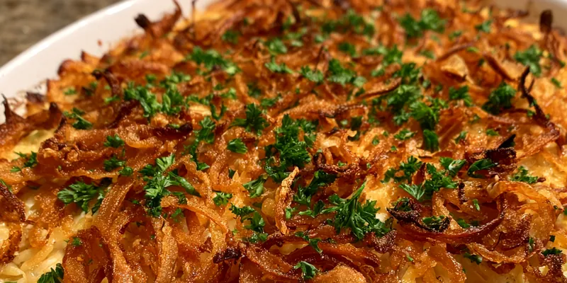 A beautifully baked Creamy French Onion Orzo Bake, topped with melted cheese and garnished with fresh herbs, served in a rustic dish.