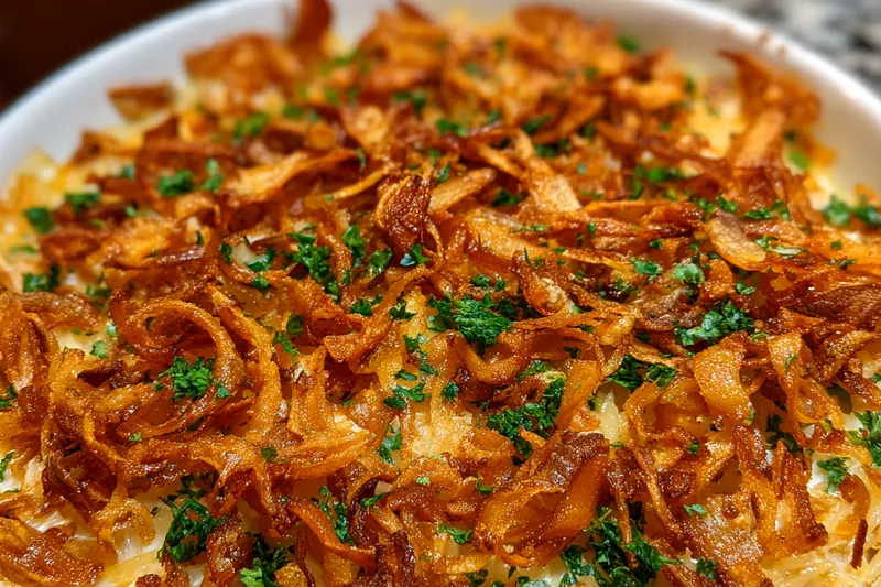 A beautifully arranged selection of ingredients for Creamy French Onion Orzo Bake, including fresh onions, garlic, herbs, and orzo.