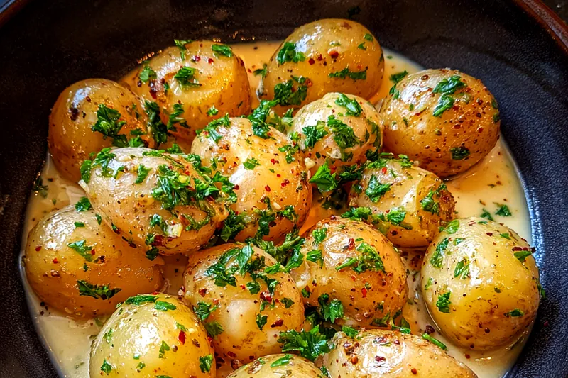 A skillet with creamy garlic sauce cooking on the stove, ready to combine with baby potatoes.