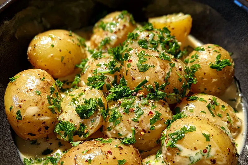 A vibrant setup of fresh baby potatoes, garlic, and creamy ingredients for the dish.