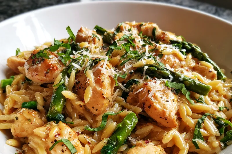 A skillet filled with creamy chicken orzo being stirred on a stovetop.
