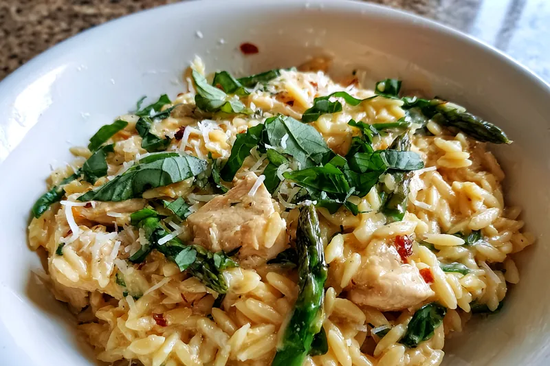 An assortment of fresh ingredients for Creamy High-Protein Chicken Orzo, including chicken, orzo, and spinach.