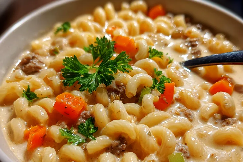 Cooking process for Creamy Macaroni Beef Soup