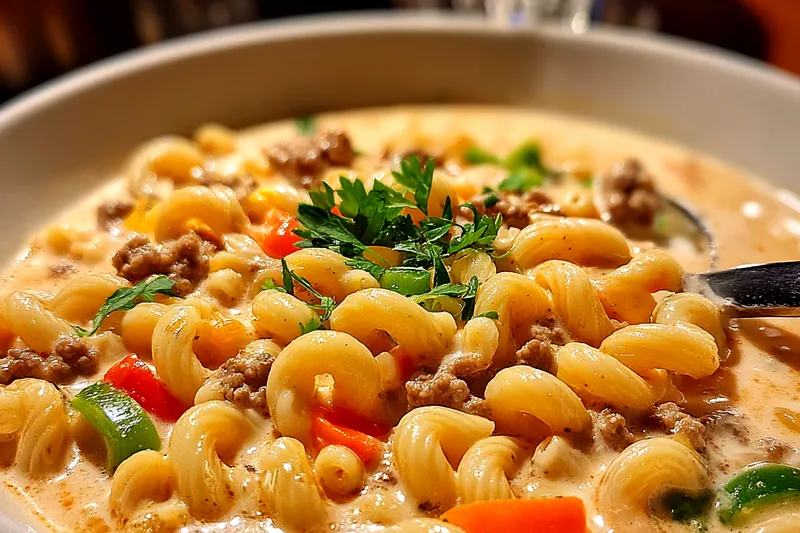 Fresh ingredients for Creamy Macaroni Beef Soup