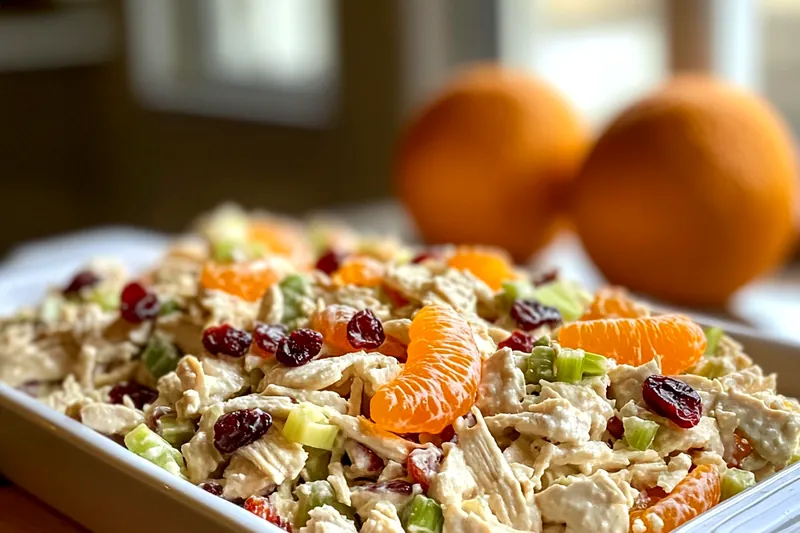 A chef sautéing chicken in a skillet for Creamy Mandarin Chicken Salad, showcasing the cooking process.