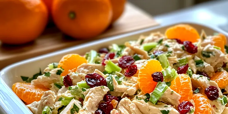 A vibrant bowl of Creamy Mandarin Chicken Salad, beautifully garnished and served on a wooden table.