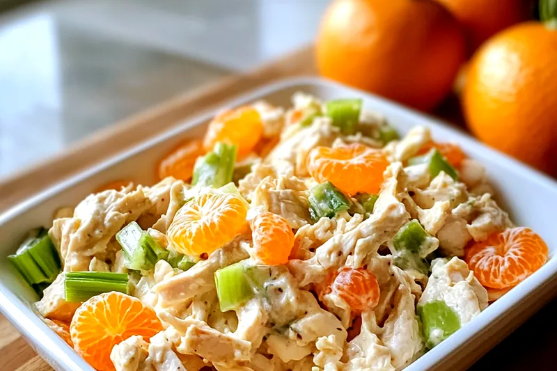 An array of fresh ingredients for Creamy Mandarin Chicken Salad, including chicken, mandarin oranges, and greens arranged on a wooden table.