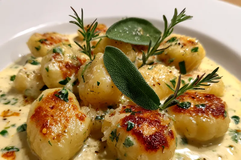 Chef Mitchell stirring the creamy sauce in a skillet, preparing for the gnocchi.