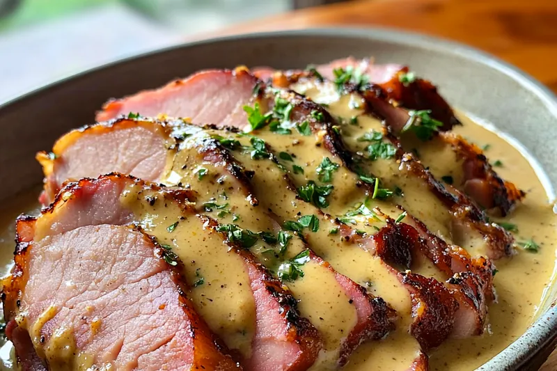 A pot of Creamy Mustard Pulled Ham Delight simmering on the stove, showcasing the creamy sauce and tender ham pieces.