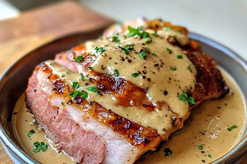 Fresh ingredients laid out for making Creamy Mustard Pulled Ham Delight, including ham, cream, mustard, and herbs.