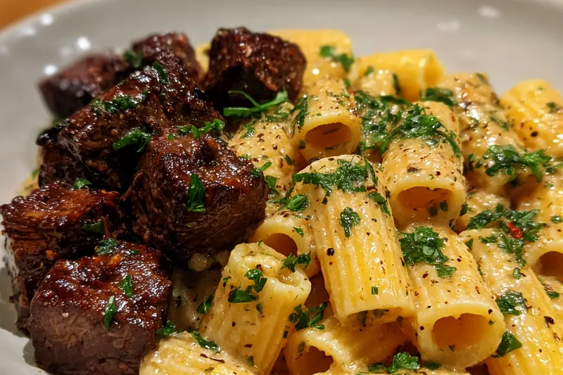 Cooking process for Creamy Pasta with Steak