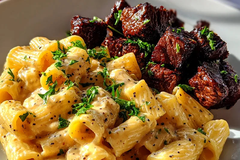 Fresh ingredients for Creamy Pasta with Steak