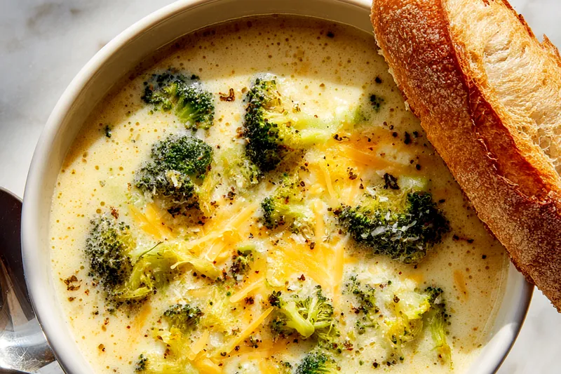 A close up of shredded cheddar cheese being stirred into the hot, thickened potato broccoli soup base.
