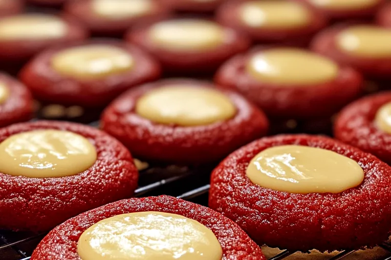 Mixing cookie dough for Creamy Red Velvet Cookies in a stainless steel bowl with an electric mixer.