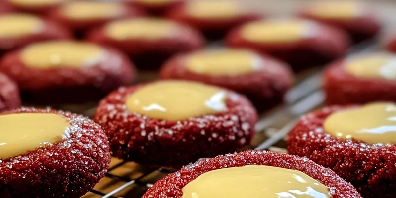 A platter of Creamy Red Velvet Cookies topped with cream cheese frosting, garnished with sprinkles.