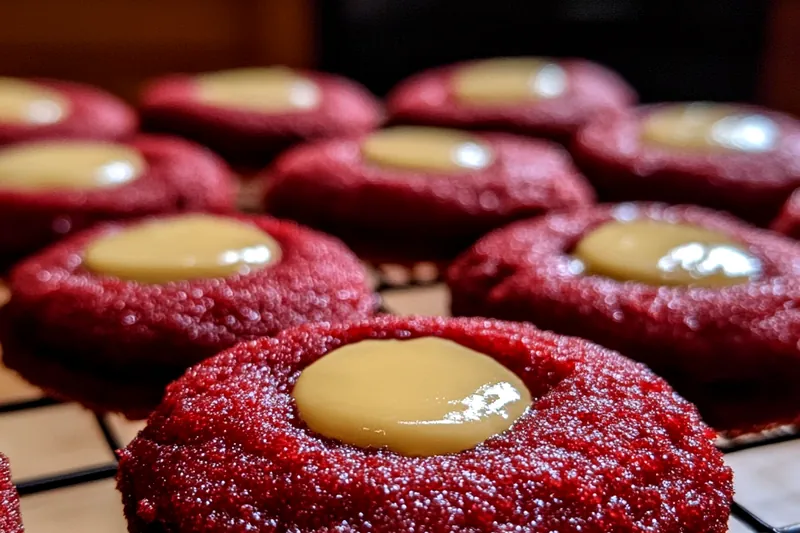 Ingredients for Creamy Red Velvet Cookies displayed on a wooden countertop, including flour, cocoa powder, and cream cheese.