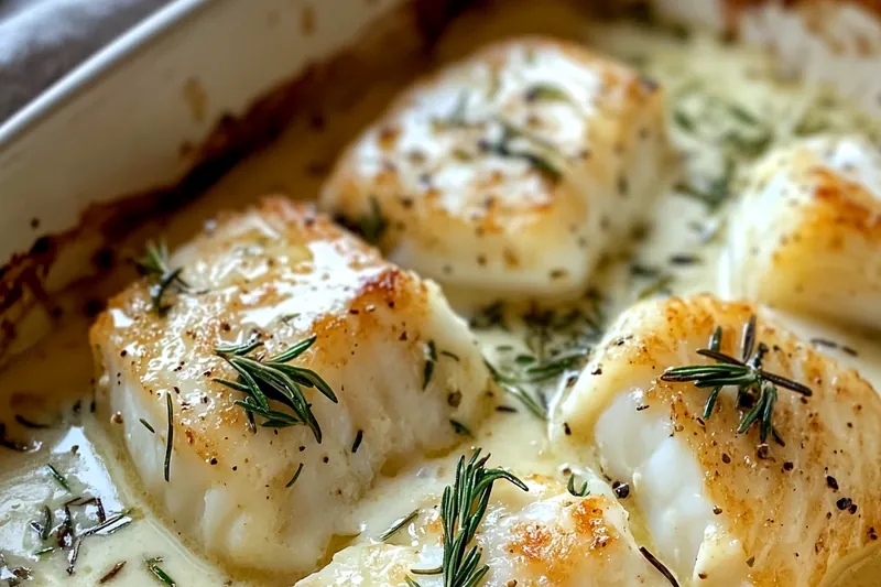 A step-by-step view of cooking Creamy Rosemary Cod Delight, showcasing the skillet with cod and sauce.