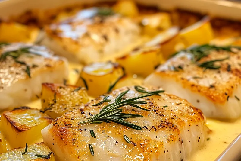 A vibrant display of fresh ingredients for Creamy Rosemary Cod Delight, including cod fillets, herbs, and cream.