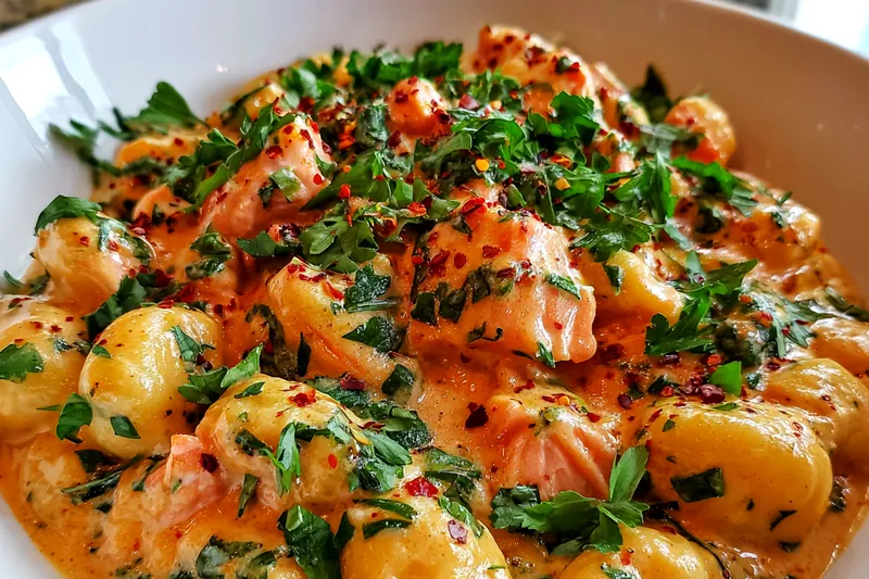 Fresh ingredients for Creamy Salmon Gnocchi Delight